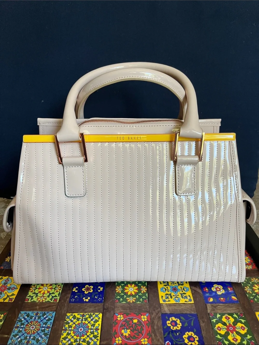 Ted Baker Cream Patent Leather Satchel with Yellow Trim